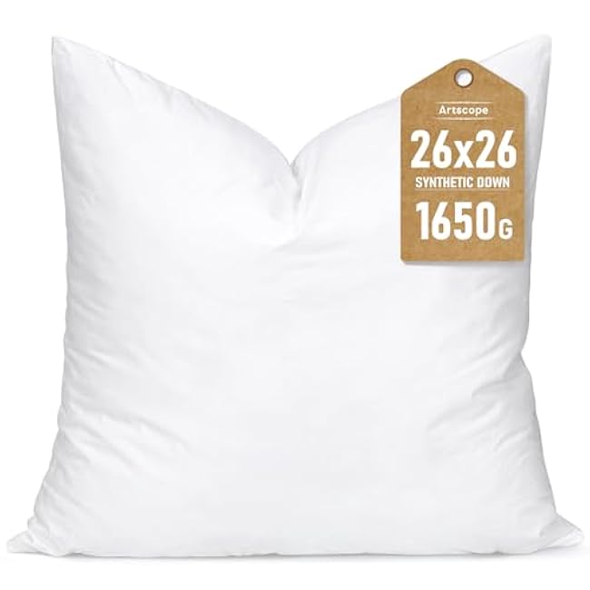 Artscope Synthetic Down Pillow Insert, 26x26 Down Alternative Throw Pillow Insert. Ultra Soft Fluffy Sleeping Pillow with 100% Cotton Cover, Decorative Pillows-White.