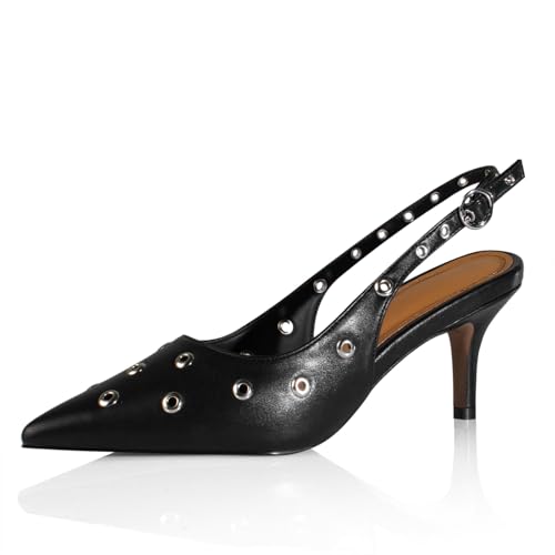 sarawill Women's Sexy Pointed Toe Slingback Stiletto Heel Fashion Grommets with Buckle High Heel Pumps Comfort Slip On Closed Toe Wedding Office Dress Slingback Shoes for Women