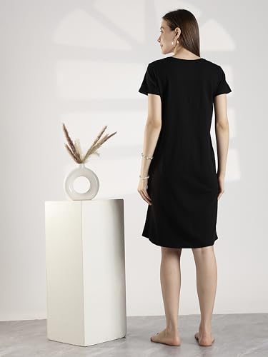 Image of 9shines Label Hosiery Cotton Knee Length Short Night Dress | Short Nighty for Women with Pocket | Graphic Print Nightwear | Night Gown for Women (M-7XL)