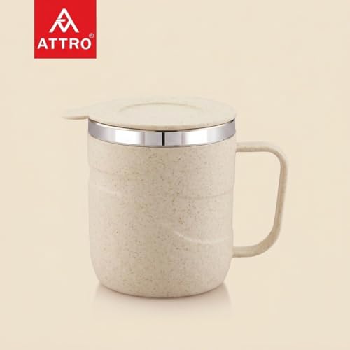 Image of ATTRO Brew Mug - Stainless Steel Inner with eco Friendly Outer Body Durable Stylish, Microwave Safe Coffee,Tea Mug with Handle & Lid, Ideal for Home, Office, Travel & Gifting-300ml-Ivory