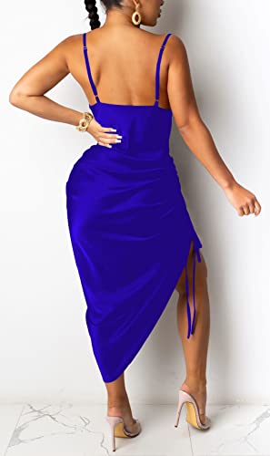 Image of Club Dress Sexy Dress for Women Wedding Party Birthday Cocktail Spaghetti Strap Satin Side Ruched Midi Mini Dress
