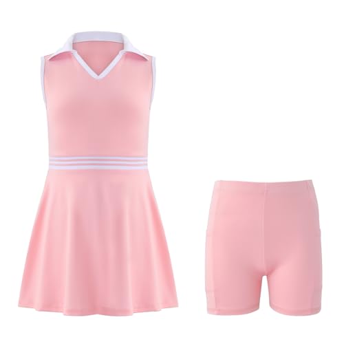 Image of Girls Tennis Dress Golf Outfit Sleeveless Athletic Dresses Polo V Neck Sport Skirt with Pockets 4-13Y