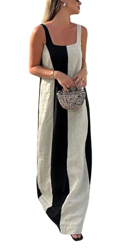 Image of CHARTOU Women Summer Sleeveless Linen Dress Contrast Color Maxi Long Beach Vacation Tank Dress