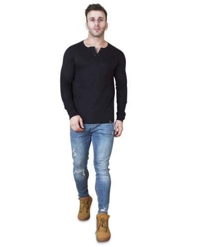 Veirdo Pure Cotton Regular Fit Henley Neck Full Sleeve T-Shirt for Men & Boys (TSH_23_Henley_Black)