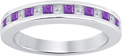 Princess Cut Amethyst & Diamond 14K White Gold Finish Half Eternity Engagement Wedding Ring for Women's - Main Image