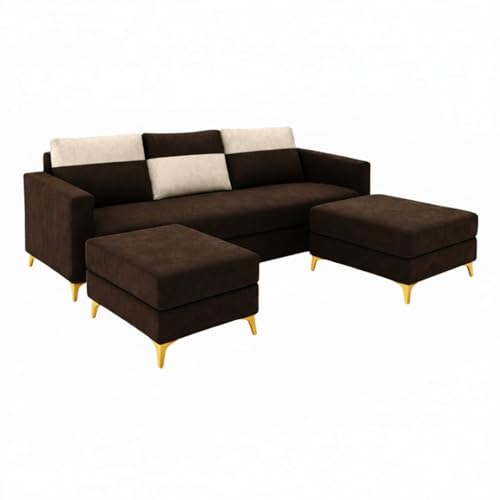 Image of Strikex Dual Tone Plush 5 Seater L Shape Sofa Set with 2 Movable Ottomans| Flexible Layout | Silken Velvet Suede| Golden Metal Legs|for Living Rooms & Office (Cream & Dark Brown)