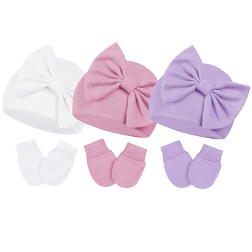 Image of Century Star Newborn Girls Hats Baby Hat and Mitten Set Big Bow Knit Infant Headbands Winter Baby Hat for Girls