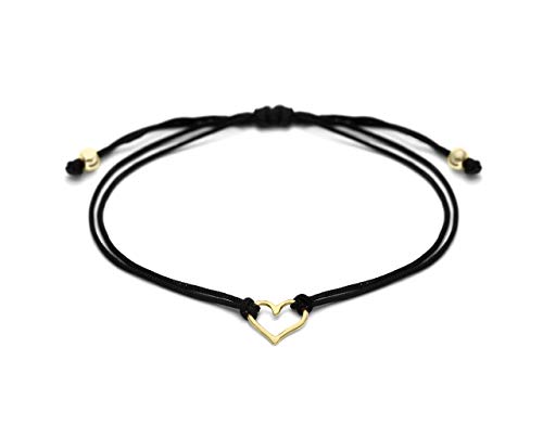 18K Gold Plated Small Open Heart Shaped Charm, Black Womens Friendship Bracelet, Pull Adjustable Kindred Cord Thread, Handmade. Perfect Small Gift Sets (10% Promo)