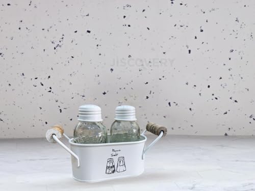Image of JISCOVERY Salt and Pepper Dispenser Set for Dinning Table with Stand| Glass Bottom Spice Shaker Set with Metal Holder| Spice Sprinklers| 100 ML Each (White)