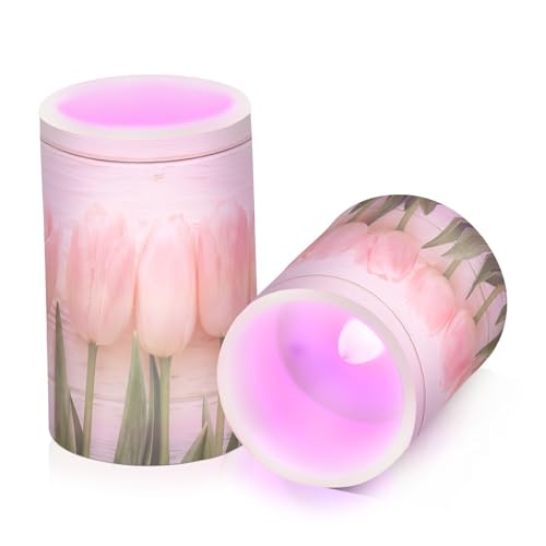 Image of Lights Flameless Candles Spring Pink Tulip Flower Pillar Candles Set of 2 Battery Operated Remote Control Warm Lights Home Decor