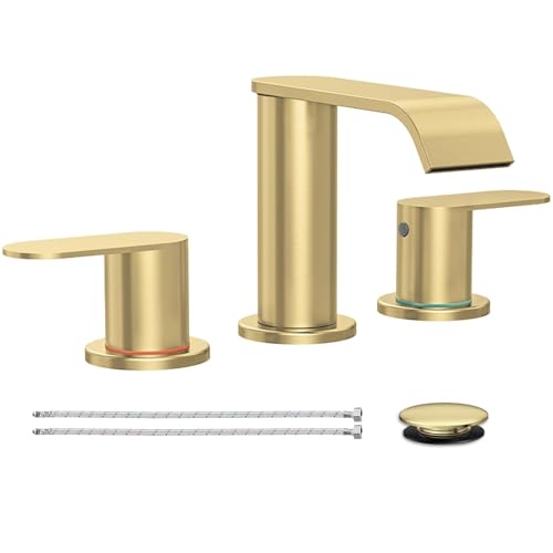 Homevacious Brushed Gold Bathroom Faucet 3 Hole 8 Inch Widespread Waterfall Bathroom Sink Faucets 2 Handles with Pop-up Drain and Supply Lines for Bath Vanity Commercial Lavatory Rv Restroom