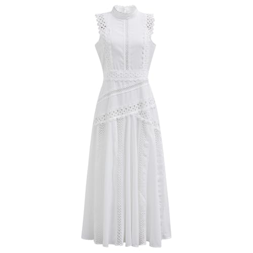 CHICWISH Women Lace Panelled Sleeveless Cotton Dress Fitted A-Line Flowy Elegant Spring Summer Holiday Long Dress White