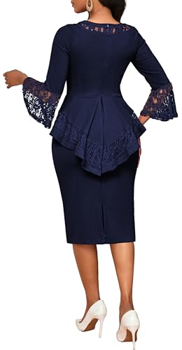 Image of sexycherry Lace Dresses for Women 3 /4 Sleeve Cocktail Pencil Split Dress | Women's Lace Wedding Guest Dresses Crew Neck Knee Length Split Fall Outfits