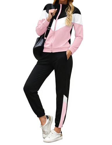 Marvmys Conjunto Chándal Mujer Contraste Conjuntos Deportivo Otoño Invierno Top Manga Larga con Cremallera y Pantalones Deportivos B-rosa XL