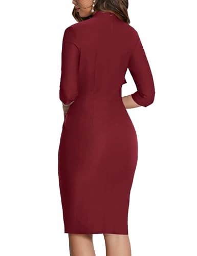 Image of MUXXN Women's Midi Pencil 1950s Vintage Cocktail 3 /4 Sleeve Tie Neck Bodycon Mid-Calf Dress with Pockets