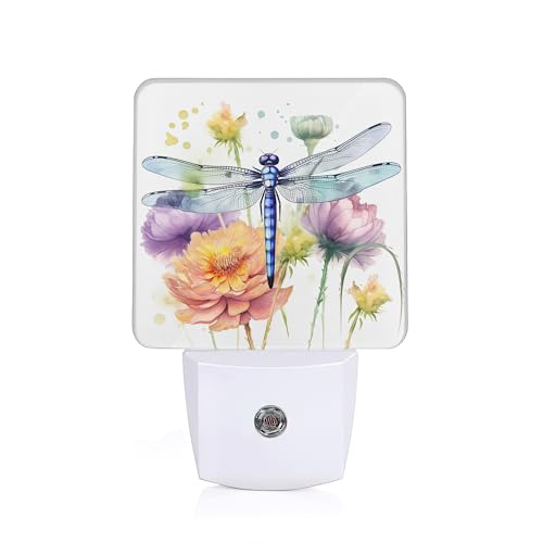 Image of Dragonfly Watercolor Dusk to Dawn Night Light, Auto Sensor Lamp Home Indoor Stairway Kitchen Corridor, Night Lights Plug into Wall Decor, Boys Girls Women Men Room Gifts