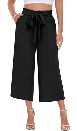 DILIUXING Capri Pants for Women Tie Waist Wide Leg Casual Pants with Pockets Lightweight High-Waist Loose Trousers