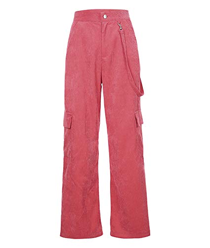 Kedera Women's Corduroy Pants Comfy Pull on Cargo Pockets Trousers Sweatpants Pink