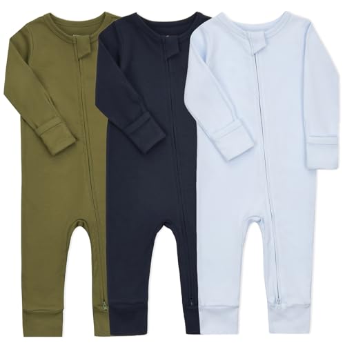 Image of Aablexema Baby Cotton Footless Pajamas with Mitten, 3-pack Infant Romper Zip Up One Piece Jumpsuits Outfit