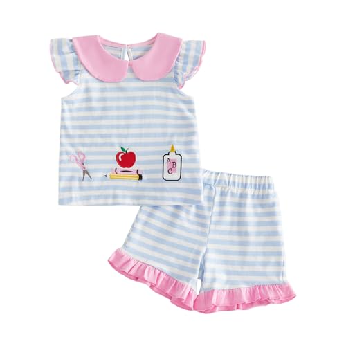 GINEVSAL Little Girl Back To School Outfit Apple Pencil Embroidered Striped Peter Pan Collar Fly Sleeve Tops and Shorts Set (Pink 3-4T)