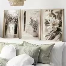KEMEIQI Stampa su tela con fiori neutri, paesaggi urbani mediterranei, stile country/rustico, poster decorativi per la casa (70x110cmx3/senza cornice)