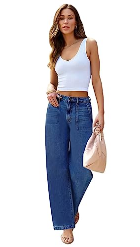 Image of Wide Leg Jeans for Women High Waist Stretch Cargo Denim Pants