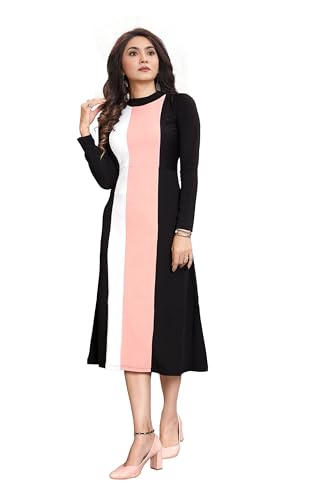 Image of LONDON BELLY Women's Poly Cotton Maxi Dress with 3 /4 Sleeves Round Boat Neck Striped Pattern Regular Fit and Calf Length | Womens Maxi Dress Cotton | Stylish Trending Dresses for Woman