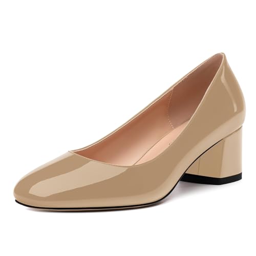 Women's Pumps Round Toe Slip On Low Chunky Heel Fashion Comfort Solid Patent Shoes for Women