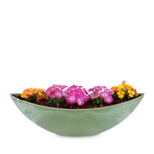 Ovale Pflanzschale für draußen - große Schiff Deko-Schale in grün marmoriert als Blumen-Topf Pflanztopf - 55 cm Jardiniere für Garten Balkon oder Friedhof als wetterfester Grab-Schmuck