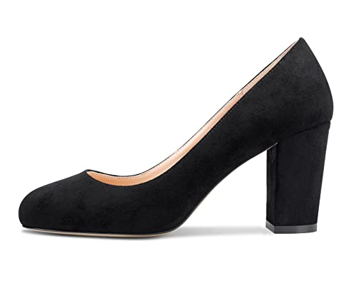 HDEUOLM Women Chunky Block High Heel Close Round Toe Pumps Slip-on Wedding Office Cute Shoes 3 Inch Heels2