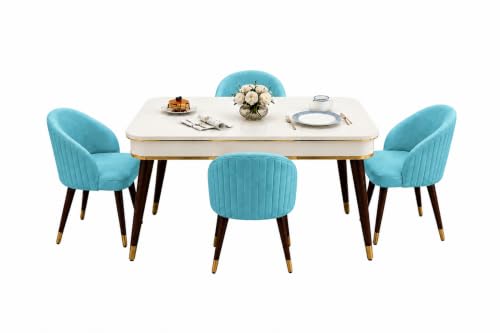 Image of WOODEN SPACE 4 Seater Wooden Dining Table Set | Urban Marble Top Dining Table with Chairs for Dining Room & Kitchen (Majestic Classic Backline Sky Blue) (42 x 42 x 30 inch)