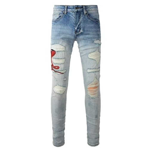 Jeans Pants Trousers Denim Men Trendy Street Personalized Embroidered Printed Punch Patch Blue Grinding Fading Elastic Slimming Tight Fit Casual(Blue,31)