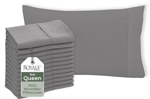 Image of Royale Linens Grey Pillowcase Set of 12 - Queen 20 inchx30 inch Bed Pillow Cover - 1800 Brushed Microfiber - Wrinkle & Fade Resistant - Bulk Pillow Cases - Hotel Quality Pillowcase 12 Pack (Queen, Grey)