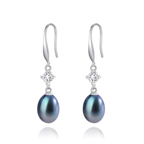 YAMI Women's Black Pearl Dangle Earrings, 925 Sterling Silver Hypoallergenic Hooks, Saltwater Cultured Pearl Drop Black Teardrop, Cubic Zirconia Earrings Jewelry Gifts for Women