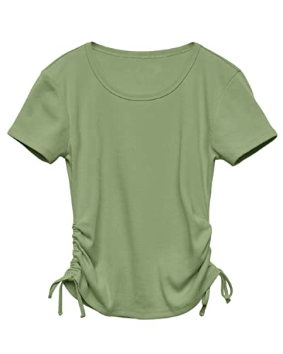 Image of Imily Bela Girls Tees Shirts Cute Crew Neck Short Sleeve Side Drawstring Solid Tops Kids Children Summer Clothes