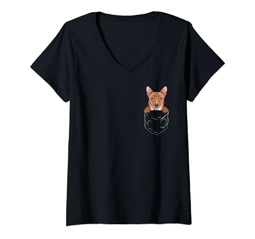 Womens Dog In Pocket Basenji Funny Dog Lover V-Neck T-Shirt, Black