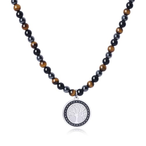 GAVU Collier Perle Homme, Collier Obsidienne Noire/Œil de Tigre Marron/Hématite pour Hommes, Pendentif Arbre de Vie, 55cm