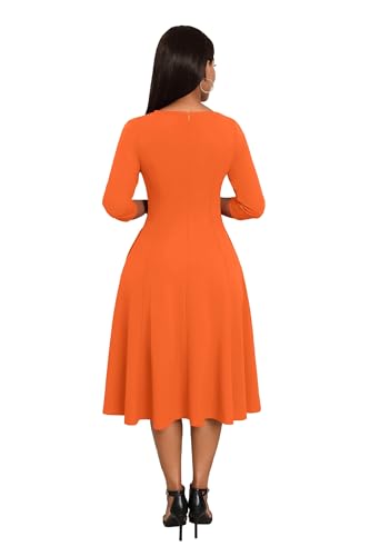 Image of Nmoder Midi Dresses for Women A-Line Fit and Flare Dress 3 /4 Sleeve V Neck Cocktail Wedding Guest Work Dress with Pockets