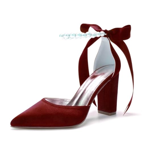 Image of Pearl Wedding Shoes for Bride Chunky Heel Poined Toe Wedding Block Heels Prom Evening Pumps