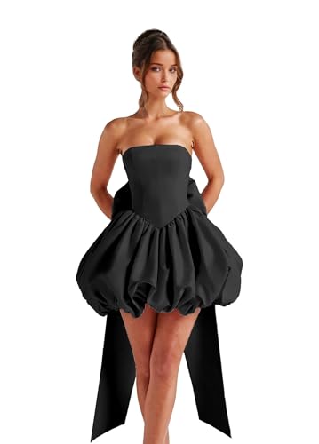 Amazon.com: XSIATO Black A Line Ruffle Satin Short Homecoming Dresses with Bow  Strapless Mini Prom Dress for Teens Corset Cocktail Dresses : Clothing,  Shoes & Jewelry