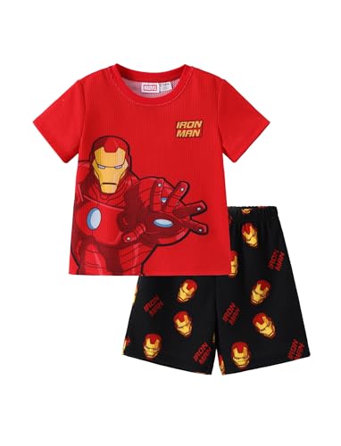 Disney Marvel Avengers Superhero Iron Man Boys Short Sets Child Vacation Clothes Summer Soccer Outfit Orange-red Waffle T-Shirt & Trunks Set Soft Big Boy Clothing 2 Pieces Holiday Apparel 6-7 Years