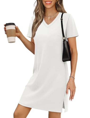 RUMIA Summer Casual Dresses for Women 2025 Vacation Dress V-Neck Short Sleeve Split Hem Beach Sundress White L