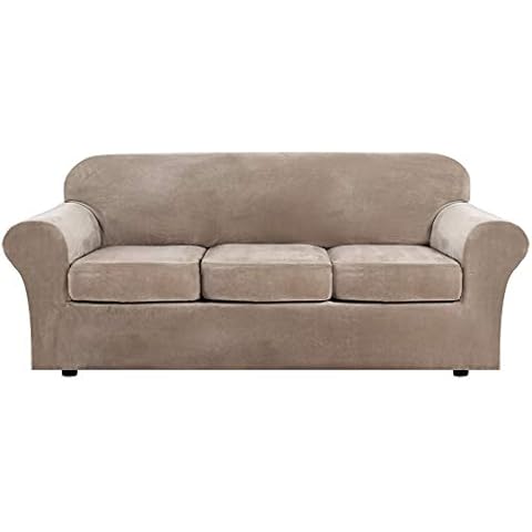 H.Versailtex Modern Velvet Plush 4 Piece High Stretch Sofa Slipcover Strap Sofa Cover Furniture Protector Form Fit Thick Velvet Sofa Cover for 3 Cushion Couch, Machine Washable(Sofa,Taupe) Cover