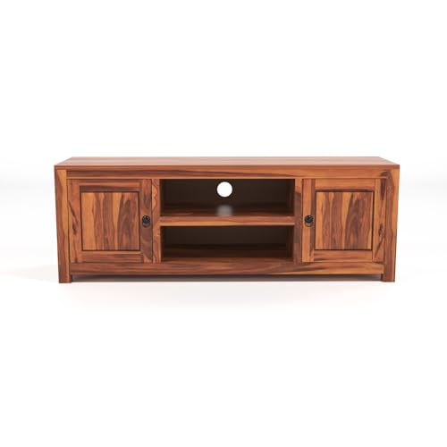 Image of Solid Sheesham Wood Entertainment TV Unit with 2 Door | Rosewood Tv Stand /TV Cabinet for Living Room | Bedroom | Wooden TV Panel with Shelf Stoarge | TV Table (Honey)