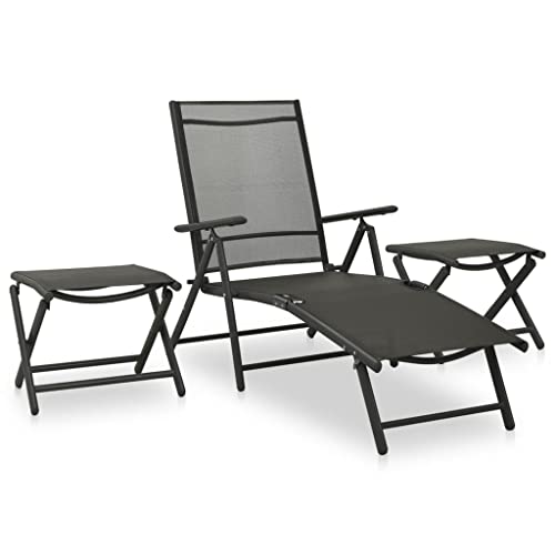 QJBSAVVA 3-TLG. Balkon Lounge Set Alu Textilene Schwarz 178 x 61,5 x 60 cm Klappbar Gartenmöbel für kleine Balkone Terrasse oder Camping relaxen