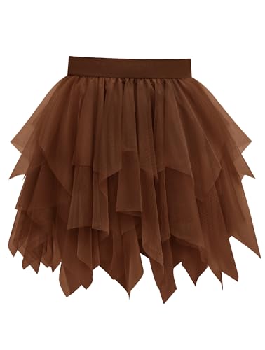 Vlazom Damen Tüllrock Petticoat Kurz Tutu Rock 50er Vintage Ballet Unregelmäßiger Tanzrock Ballkleid Karneval Party RockXXL-3XLDunkelbraun