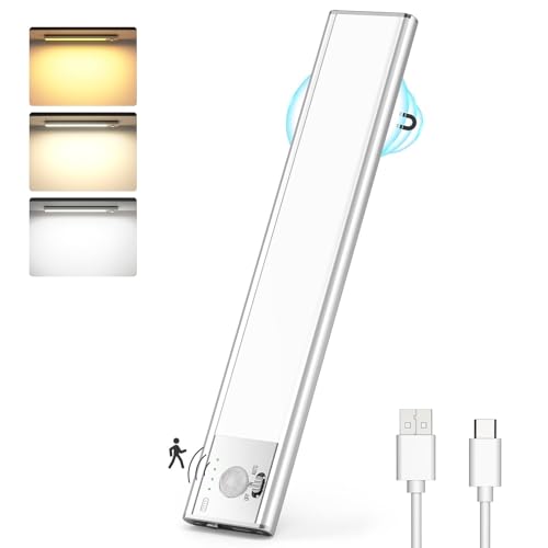 Lureshine Luz LED Armario con Sensor Movimiento,76 LEDs Magnética Luz LED Adhesiva USB Recargable, Brillo Regulable con 3 Colores Luces led Cocina Bajo Mueble Nocturna para Escalera, Pasillo, Garaje
