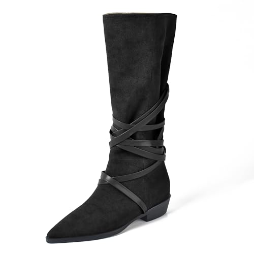 JANSEVEN Western Mid Calf Cowgirl Boots for Women Cowboy Casual Boots Strappy Pointed Toe Lace Up Boot Low Heel Boot2