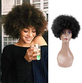 QUEENTAS 8inch Short Afro Wigs Short Curly Human Hair Afro Wigs for Black Women None Lace Natural Black #1B (Fluffy Tight Curls)