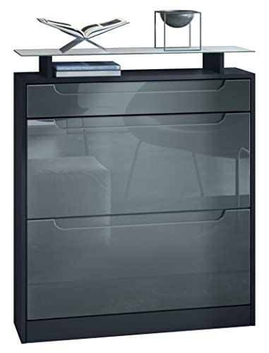 Vladon Schuhschrank Fiesta, Schwarz matt/Grau Hochglanz - Schuhkipper für 16 Paar Schuhe (89 x 104 x 23 cm)